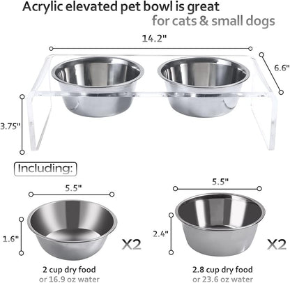 Acrylic Elevated Dog Cat Bowls Pet Feeder Double Bowl Raised Stand Comes with 4 Removable Stainless Steel Bowls. Perfect for Cats Puppies Small Dogs, 3.75 Inch