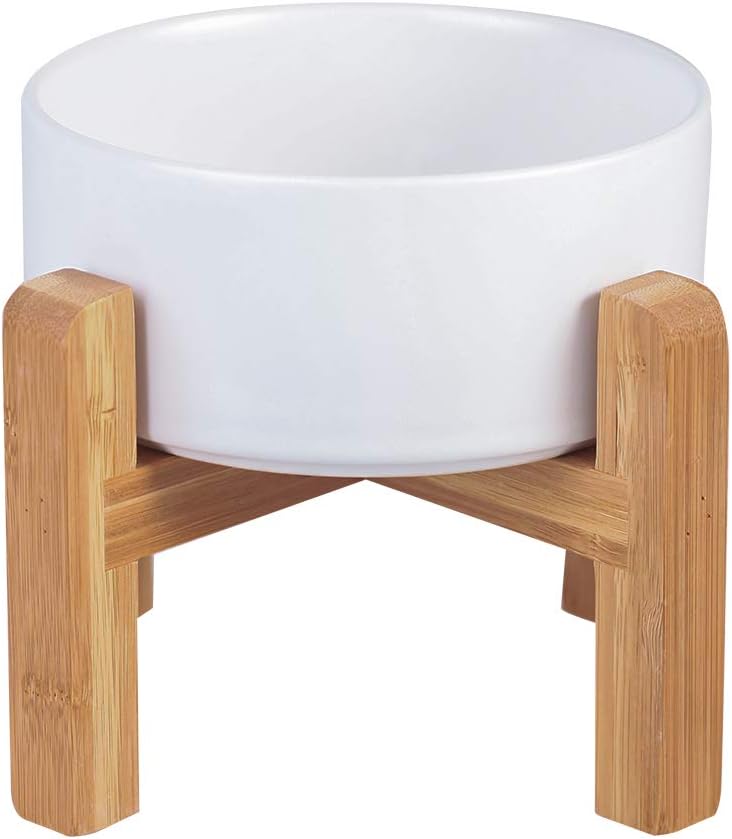 Elevated Ceramic Cat Bowl - Cat Food Bowl with Bamboo Stand - Raised Dog Dish for Puppies - Anti Vomiting, Stress Free - 13.5 oz / 400 ml - White