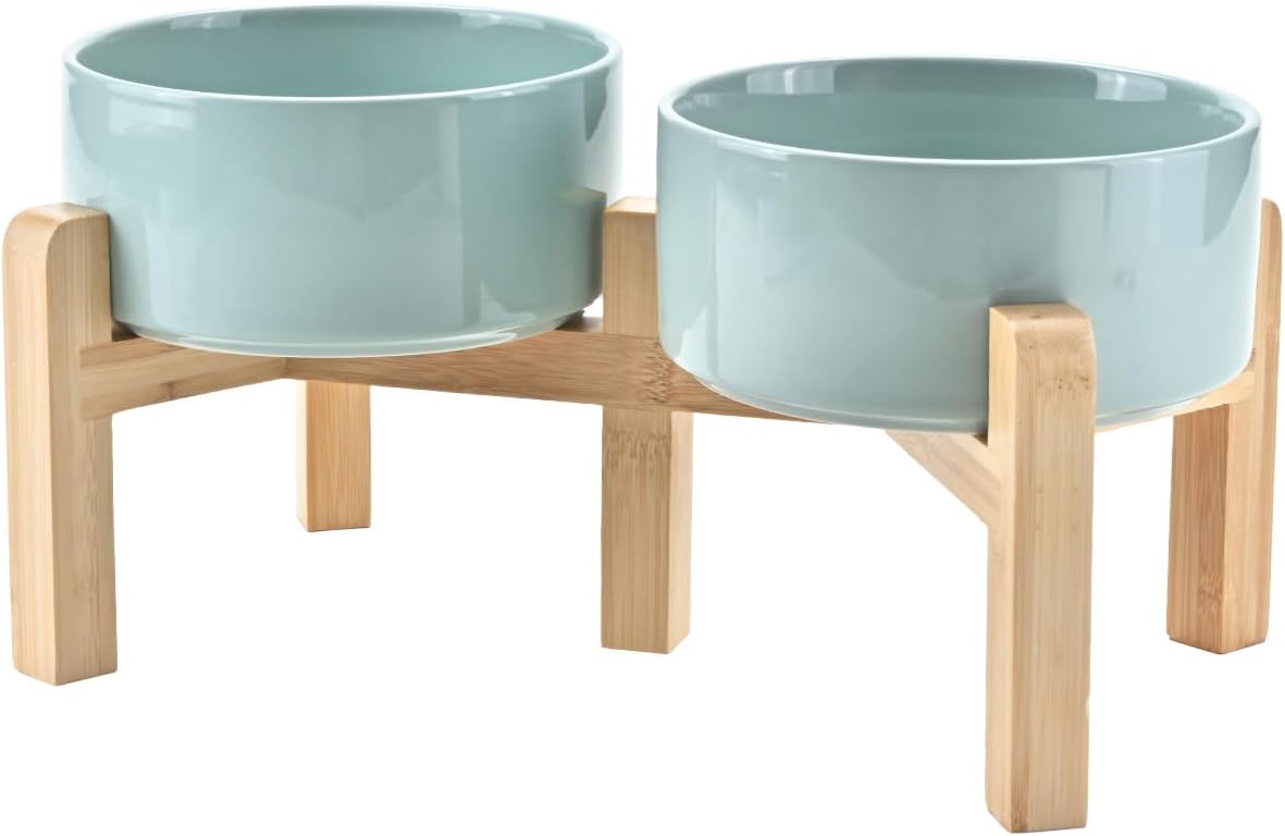 SPUNKYJUNKY Elevated Dog Bowls Ceramic, 6.1'' Dogs and Cat Food Water Bowls Raised with Non-Slip Bamboo Stand for Medium Sized Breed Microwave Dishwasher Safe - 28.7 OZ,Beige