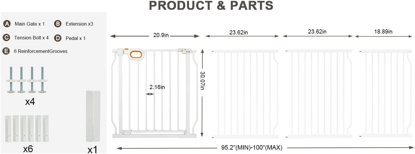 Baby Gates Extra Wide for Doorways 90.6-95.2 Inch Extra Wide Pressure Mounted Baby Dog Gate for the House Indoor Large Openning Metal Safety Gate No Drilling with Walk-Through Door,Black