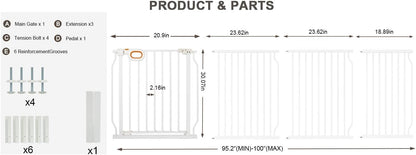 Baby Gates Extra Wide for Doorways 90.6-95.2 Inch Extra Wide Pressure Mounted Baby Dog Gate for the House Indoor Large Openning Metal Safety Gate No Drilling with Walk-Through Door,Black