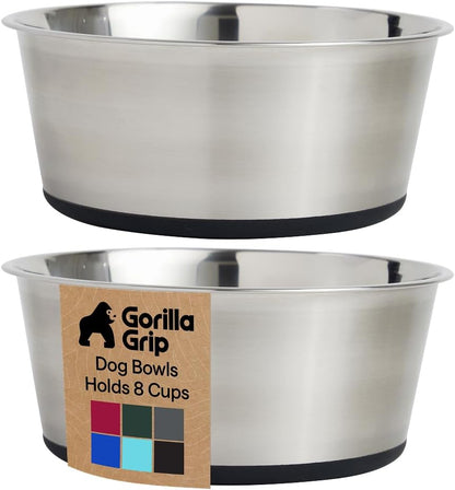 GORILLA GRIP Dog Bowls, Food Grade 304 Stainless Steel, Holds 2 Cups Each (16 fl oz) Food and Water Bowl for Feeding Dogs and Cats, Dishwasher Safe, Rust Resistant, BPA Free Rubber Base Set of 2 Black