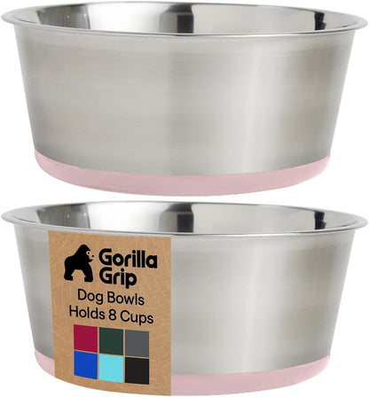 GORILLA GRIP Dog Bowls, Food Grade 304 Stainless Steel, Holds 2 Cups Each (16 fl oz) Food and Water Bowl for Feeding Dogs and Cats, Dishwasher Safe, Rust Resistant, BPA Free Rubber Base Set of 2 Black