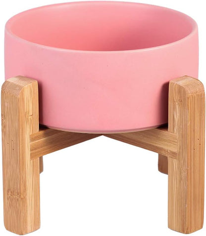 Elevated Ceramic Cat Bowl - Cat Food Bowl with Bamboo Stand - Raised Dog Dish for Puppies - Anti Vomiting, Stress Free - 13.5 oz / 400 ml - White
