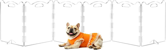 Extra-Wide Clear Acrylic Freestanding Dog Gate with Upgraded Hinges & Stable Support Feet, 6 Panel - 120''W x 24''H for Doorways, Stairs and Open Spaces, Foldable Pet Barrier for Small Puppy Cats