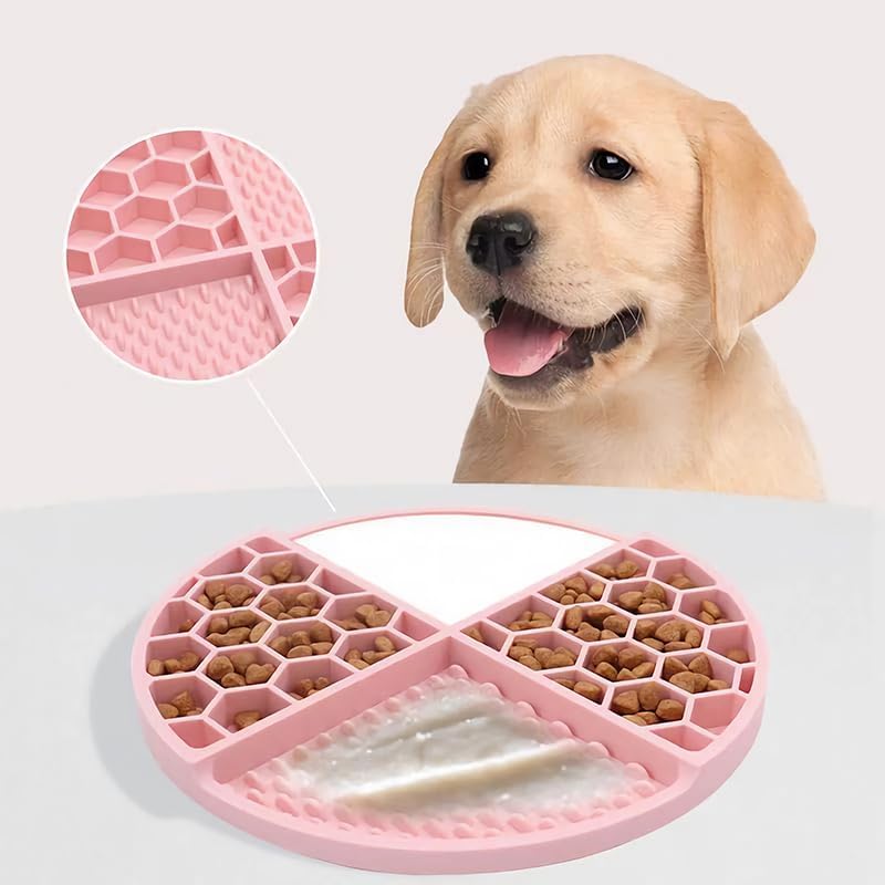 Lick Mat for Dogs, Puppies & Cats - Easy-Clean Slow Feeder Pad, Small Round Rubber Suction Mat, Honeycomb Texture, Pink, for Bathing Grooming & Anxiety Relief