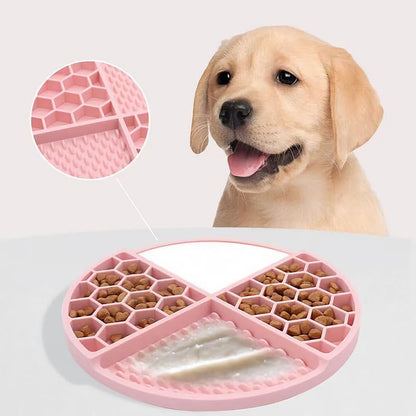 Lick Mat for Dogs, Puppies & Cats - Easy-Clean Slow Feeder Pad, Small Round Rubber Suction Mat, Honeycomb Texture, Pink, for Bathing Grooming & Anxiety Relief