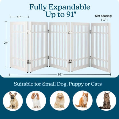 Freestanding Dog Gate - 5-Panel Foldable Indoor Pet Fence - 91x24-Inch Extra Wide Wood Dog Gate for Stairs, Hallways or Doorways by PETMAKER (White)