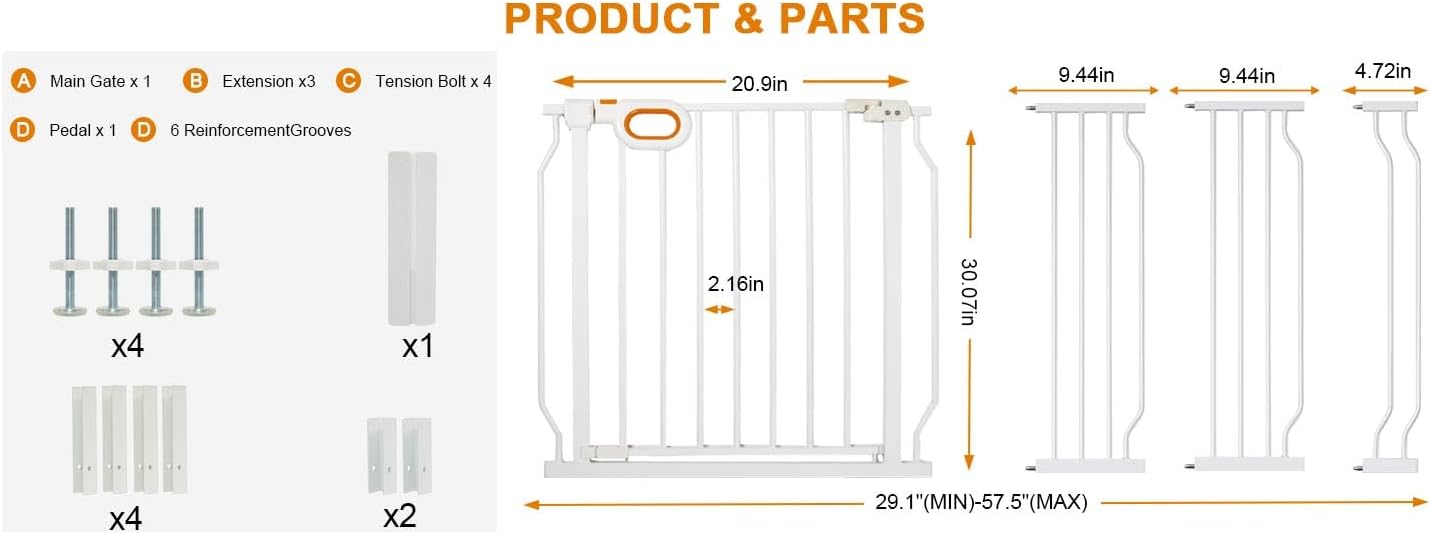 Baby Gates Extra Wide for Large Opennings with Door Pressure Mounted 90.6-95.2 Inch Extra Wide Baby Gate Dog gate for Doorways Indoor Metal Gate No Drilling with Walk-Through Door,White