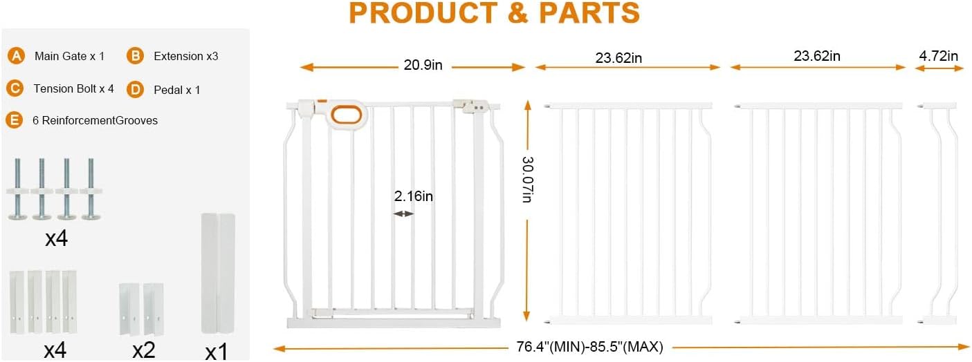 Baby Gates Extra Wide for Large Opennings with Door Pressure Mounted 90.6-95.2 Inch Extra Wide Baby Gate Dog gate for Doorways Indoor Metal Gate No Drilling with Walk-Through Door,White