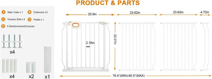 Baby Gates Extra Wide for Large Opennings with Door Pressure Mounted 90.6-95.2 Inch Extra Wide Baby Gate Dog gate for Doorways Indoor Metal Gate No Drilling with Walk-Through Door,White