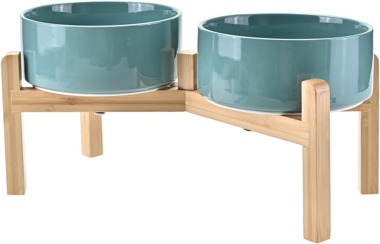 SPUNKYJUNKY Elevated Dog Bowls Ceramic, 6.1'' Dogs and Cat Food Water Bowls Raised with Non-Slip Bamboo Stand for Medium Sized Breed Microwave Dishwasher Safe - 28.7 OZ,Beige