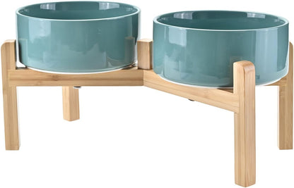 SPUNKYJUNKY Elevated Dog Bowls Ceramic, 6.1'' Dogs and Cat Food Water Bowls Raised with Non-Slip Bamboo Stand for Medium Sized Breed Microwave Dishwasher Safe - 28.7 OZ,Beige