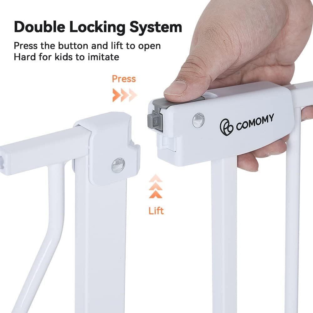 COMOMY 29.5-48.4" Baby Gate with Adjustable Cat Door,Extra Wide Metal Cat Gate for Stairs Doorways, Auto Close Dog Gate with Pet Door for House, Pressure Mounted Easy Walk Through (30" Tall, Black)