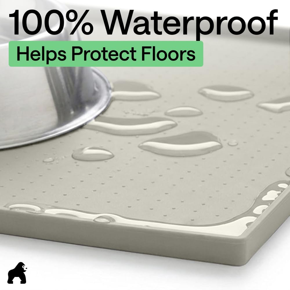 GORILLA GRIP 100% Waterproof Raised Edge BPA Free Silicone Pet Feeding Mat, Dog Cat Food Mats Contain Spills Protects Floors, Placemats for Cats and Dogs Water Bowl, 18.5x11.5, Gray