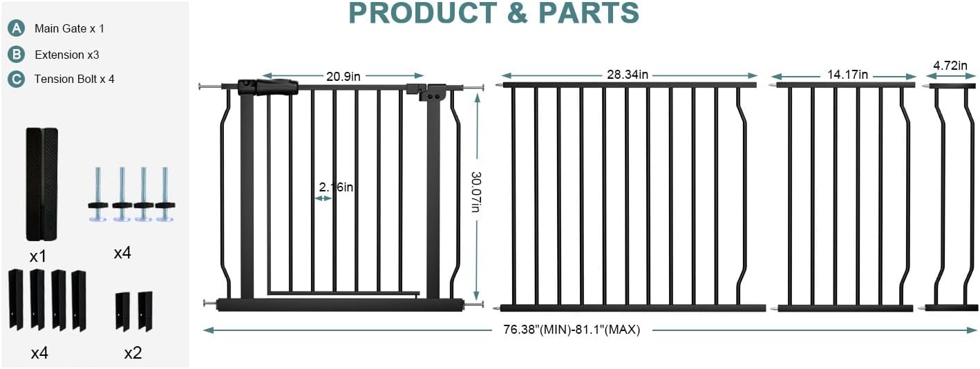 Extra Wide Baby Gate Tension Indoor Safety Gates Black Metal Large Pressure Mounted Pet Gate Walk Through Long Safety Dog Gate for The House Doorways Stairs (62.2"-66.93"/158-170CM, Black)