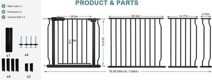 Extra Wide Baby Gate Tension Indoor Safety Gates Black Metal Large Pressure Mounted Pet Gate Walk Through Long Safety Dog Gate for The House Doorways Stairs (62.2"-66.93"/158-170CM, Black)
