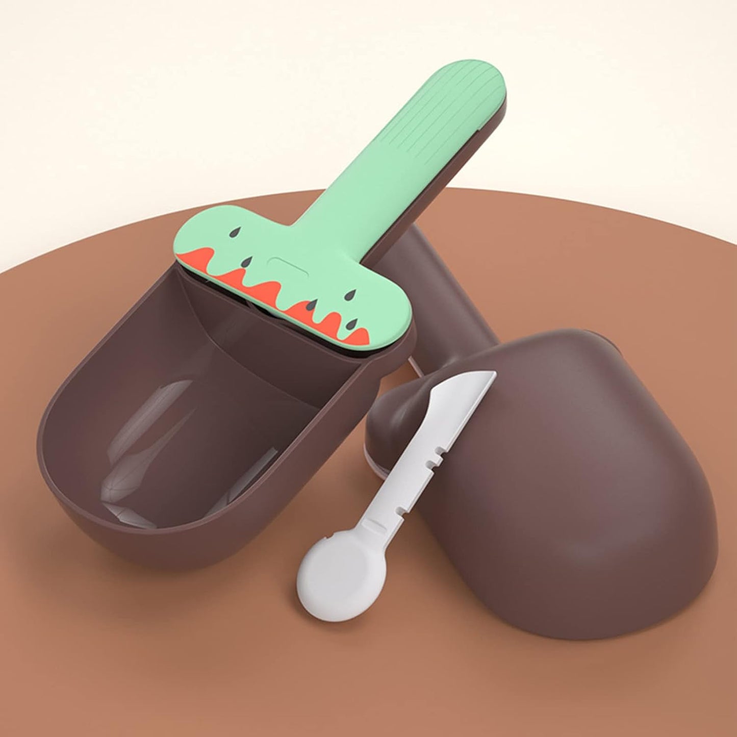 Pet Food Spoon, Cute Ice Cream Shape Dog Food Scoop with Sealing Clip Pet Food Can Spoon Food Grade ABS for Dogs Cats (Green Coffee)