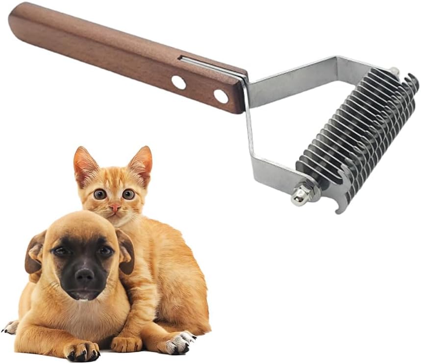 Large 2-Sided Undercoat Rake for Dogs and Cats，Professional Pet Grooming Shedding Tool Combs for Animals，Stainless Steel with Wooden Handle for Thick Coats (20-Blades)