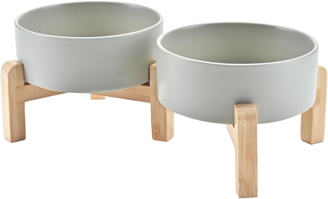 SPUNKYJUNKY Elevated Dog Bowls Ceramic, 6.1'' Dogs and Cat Food Water Bowls Raised with Non-Slip Bamboo Stand for Medium Sized Breed Microwave Dishwasher Safe - 28.7 OZ,Beige