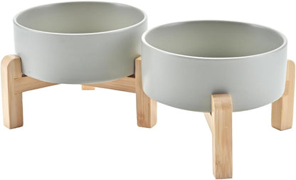 SPUNKYJUNKY Elevated Dog Bowls Ceramic, 6.1'' Dogs and Cat Food Water Bowls Raised with Non-Slip Bamboo Stand for Medium Sized Breed Microwave Dishwasher Safe - 28.7 OZ,Beige