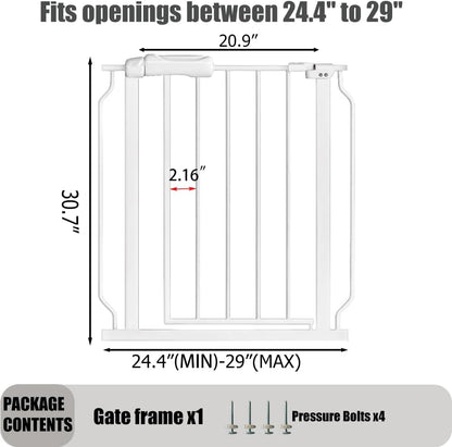 24-29 Inch Narrow Baby Gate, Pressure Mounted No Drilling Dog Gate for Stairs & Doorways, White Metal Safety Gate Indoor for Kids and Pets