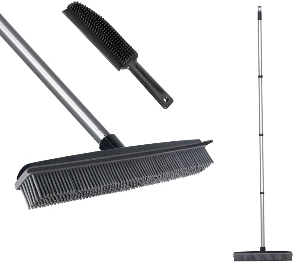 Rubber Broom and Pet Hair Removal Brush Set for Carpet, Fur Remover Broom with Squeegee for Wooden Floor, Detailing Lint Remover Brush for Pet Dog Cat Hair Car Interior