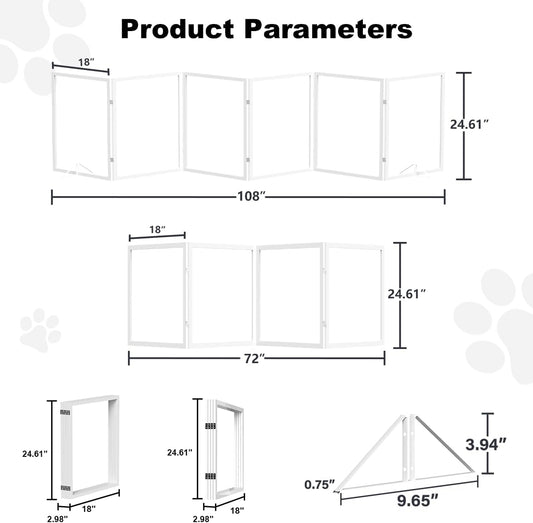 Extra Wide Clear Dog Gate，6 Panel (107.957" W*31.5" Tall) Wooden Dog Gate, Clear Acrylic Pet Gate，Transparent Freestanding Pet Gate for Doorways Stairs