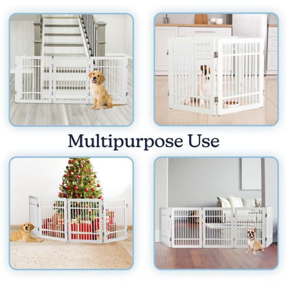 Freestanding Dog Gate - 5-Panel Foldable Indoor Pet Fence - 91x24-Inch Extra Wide Wood Dog Gate for Stairs, Hallways or Doorways by PETMAKER (White)