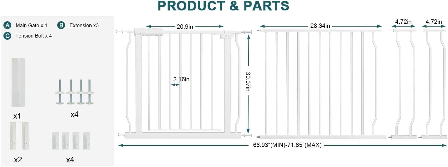 Extra Wide Baby Gate Tension Indoor Safety Gates Black Metal Large Pressure Mounted Pet Gate Walk Through Long Safety Dog Gate for The House Doorways Stairs (62.2"-66.93"/158-170CM, Black)
