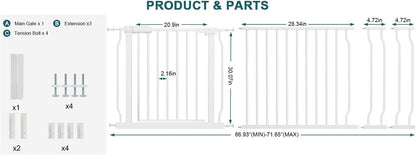 Extra Wide Baby Gate Tension Indoor Safety Gates Black Metal Large Pressure Mounted Pet Gate Walk Through Long Safety Dog Gate for The House Doorways Stairs (62.2"-66.93"/158-170CM, Black)