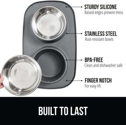 GORILLA GRIP Feeding Mat Set, Patent Pending 100% Waterproof BPA Free Silicone, Stainless Steel Cat and Dog Bowls, Slip Resistant, 1 Black mat/tray with 2 stainless steel bowls