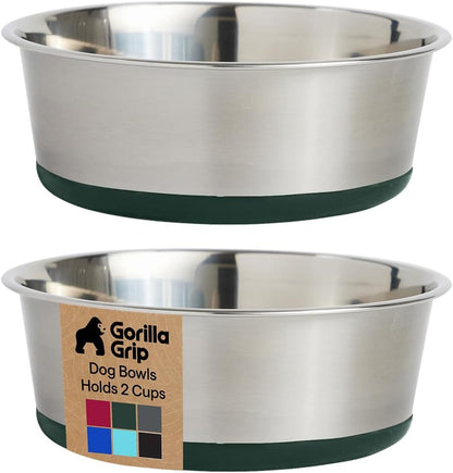 GORILLA GRIP Dog Bowls, Food Grade 304 Stainless Steel, Holds 2 Cups Each (16 fl oz) Food and Water Bowl for Feeding Dogs and Cats, Dishwasher Safe, Rust Resistant, BPA Free Rubber Base Set of 2 Black