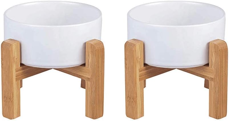 Elevated Ceramic Cat Bowl - Cat Food Bowl with Bamboo Stand - Raised Dog Dish for Puppies - Anti Vomiting, Stress Free - 13.5 oz / 400 ml - White