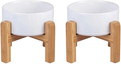 Elevated Ceramic Cat Bowl - Cat Food Bowl with Bamboo Stand - Raised Dog Dish for Puppies - Anti Vomiting, Stress Free - 13.5 oz / 400 ml - White