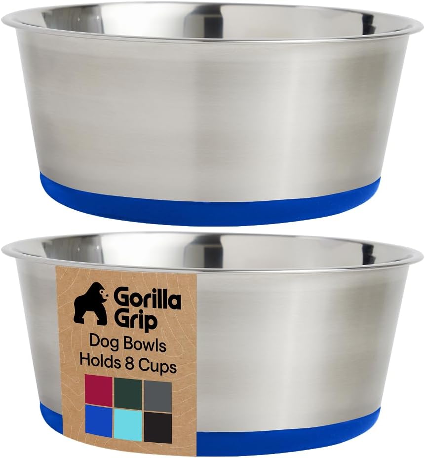 GORILLA GRIP Dog Bowls, Food Grade 304 Stainless Steel, Holds 2 Cups Each (16 fl oz) Food and Water Bowl for Feeding Dogs and Cats, Dishwasher Safe, Rust Resistant, BPA Free Rubber Base Set of 2 Black