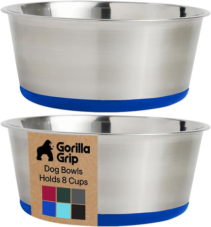GORILLA GRIP Dog Bowls, Food Grade 304 Stainless Steel, Holds 2 Cups Each (16 fl oz) Food and Water Bowl for Feeding Dogs and Cats, Dishwasher Safe, Rust Resistant, BPA Free Rubber Base Set of 2 Black