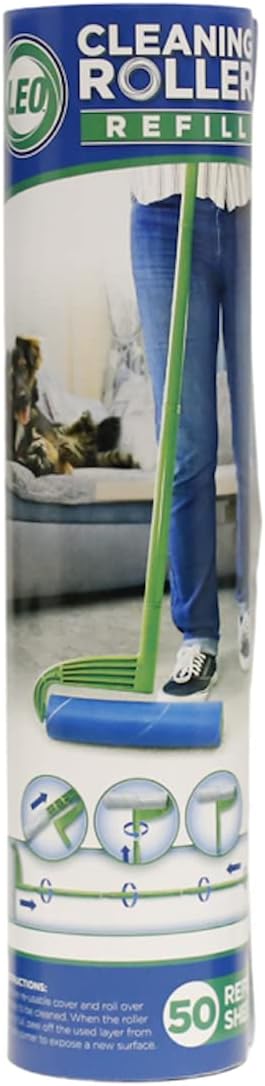 Leo Large 10-Inch Wide Lint Roller Refills 25 Sheets with extendable Handle to 45 inch for Lint Removers Household Cleaning Easily Remove Pet Hair Dust and Debris from Floors Carpets and Furniture