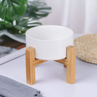Elevated Ceramic Cat Bowl - Cat Food Bowl with Bamboo Stand - Raised Dog Dish for Puppies - Anti Vomiting, Stress Free - 13.5 oz / 400 ml - White