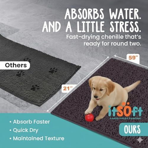 Dog Rugs for Muddy Paws 22x14 | Cleaner Mud Free Floors | Muddy Dogs Mats for Indoor, Dog Mat for Muddy Paws Door Mat Washable, Absorbent Chenille Mud Rug Paw Matt w/ Non Slip Backing, Charcoal Grey