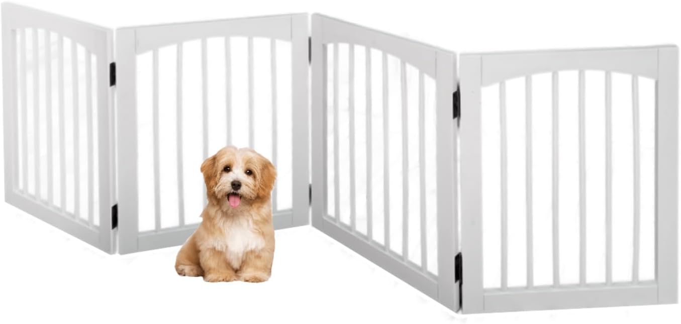 Tabago 4-Panel Foldable Freestanding Wooden Pet Gate 24"x20" – Expands up to 80", White & Natural Dog Gate for Small Pets, Stylish Indoor Barrier for Doorways & Hallways (Brown, 24" H x 80" W)