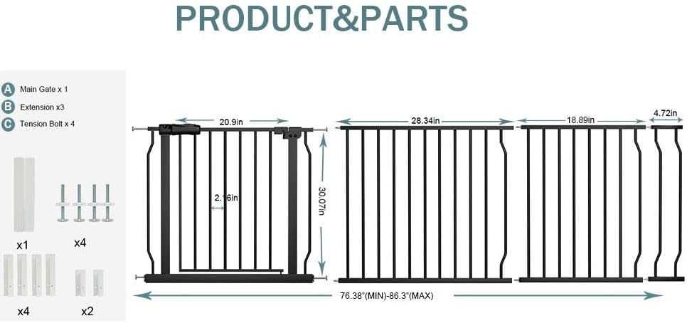 Extra Wide Baby Gate Tension Indoor Safety Gates Black Metal Large Pressure Mounted Pet Gate Walk Through Long Safety Dog Gate for The House Doorways Stairs (62.2"-66.93"/158-170CM, Black)