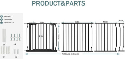 Extra Wide Baby Gate Tension Indoor Safety Gates Black Metal Large Pressure Mounted Pet Gate Walk Through Long Safety Dog Gate for The House Doorways Stairs (62.2"-66.93"/158-170CM, Black)