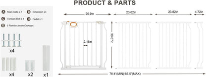 Baby Gates Extra Wide for Doorways 90.6-95.2 Inch Extra Wide Pressure Mounted Baby Dog Gate for the House Indoor Large Openning Metal Safety Gate No Drilling with Walk-Through Door,Black