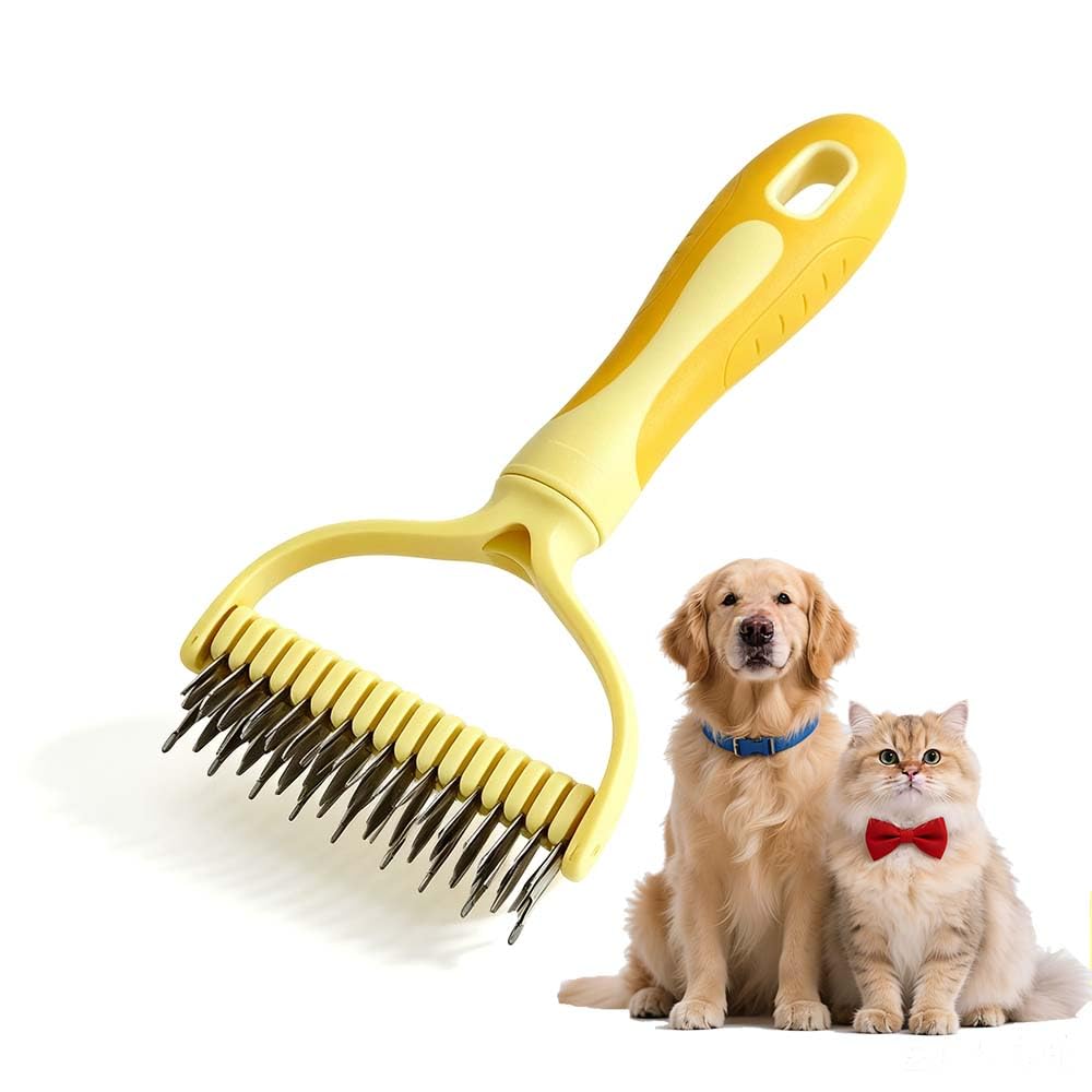 Pet Pro Grooming Tool, Pet Grooming Rake Double Sided Shedding Deshedding Brush for Dogs Cats, Undercoat Rake Dematting Comb for Long Haired Pets with Stainless Steel Teeth