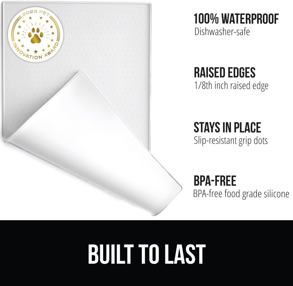 GORILLA GRIP 100% Waterproof Raised Edge BPA Free Silicone Pet Feeding Mat, Dog Cat Food Mats Contain Spills Protects Floors, Placemats for Cats and Dogs Water Bowl, 18.5x11.5, Gray