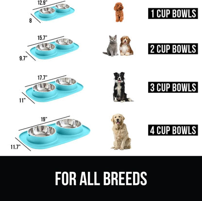 GORILLA GRIP Feeding Mat Set, Patent Pending 100% Waterproof BPA Free Silicone, Stainless Steel Cat and Dog Bowls, Slip Resistant, 1 Black mat/tray with 2 stainless steel bowls