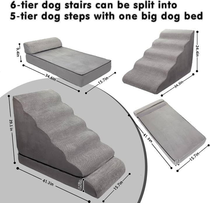 Dog Stairs for High Beds 30-36 inches Tall, 6-Step Pet Stairs/Steps for High Bed 32-36 inches for Small Large Dogs, Foam Dog Steps for Beds for Old Dogs/Cats, Dark Grey