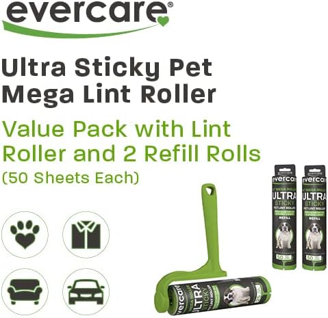 Evercare 10-Inch Mega All-Purpose Pet Hair Lint Roller Refill, 50 Sheets – Sticky Roller for Pet Hair, Cat & Dog Hair Remover, Lint Remover, Pet Hair Remover for Furniture, Clothing & Cars