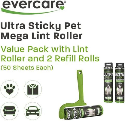 Evercare 10-Inch Mega All-Purpose Pet Hair Lint Roller Refill, 50 Sheets – Sticky Roller for Pet Hair, Cat & Dog Hair Remover, Lint Remover, Pet Hair Remover for Furniture, Clothing & Cars